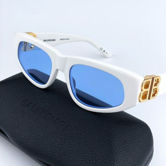 NEW Balenciaga BB0095S 004 White Gold Logo Light Blue Cat Eye Unisex Sunglasses - Picture 1 of 14